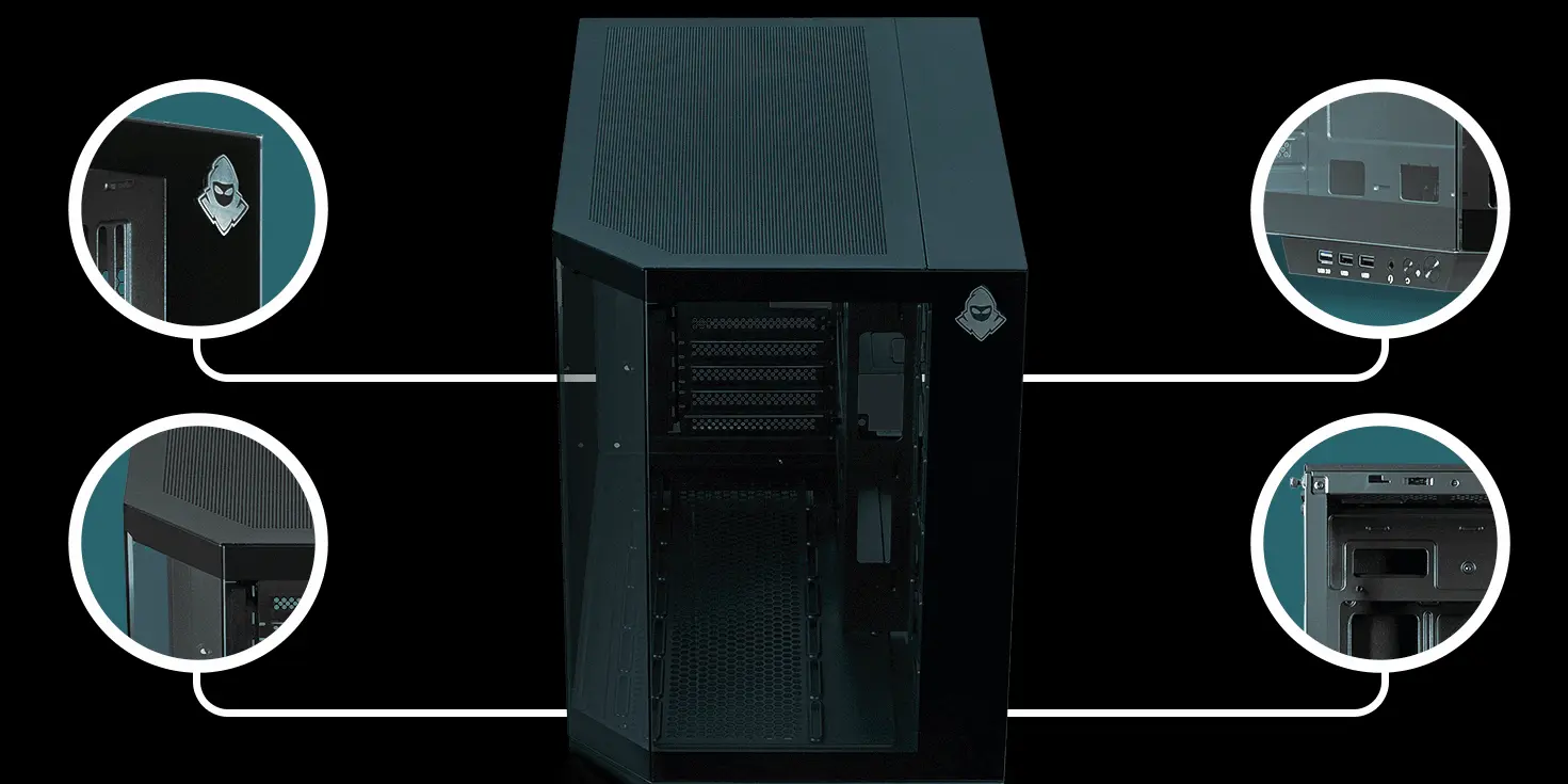 Imagem mostrando com destaque os pontos positivos do gabinete gamer mancer cv700, principalmente a tecnologia de resfriamento e filtros anti-poeira.