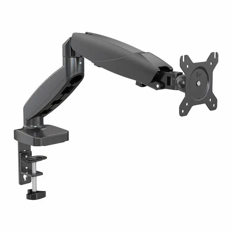 Suporte articulado para PC na cor preta e cinza, em fundo branco.