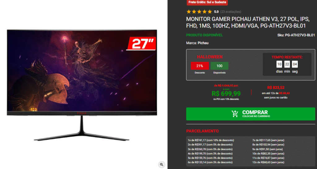 Super promoção de monitores na Pichau: confira 3 modelos Captura de tela 2025 10 24 163759