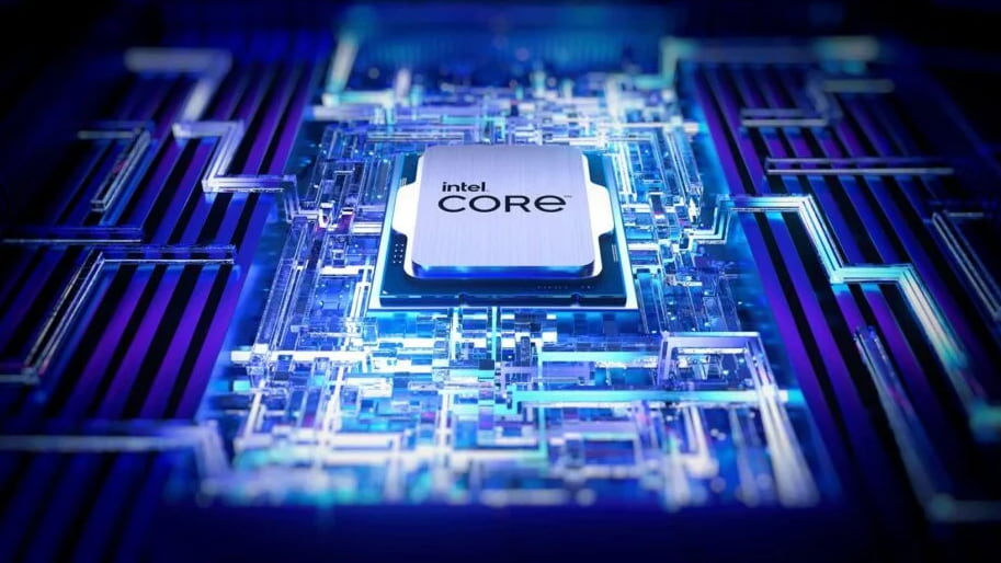 Chip Intel Core sobre circuito eletrônico iluminado em tons de azul.