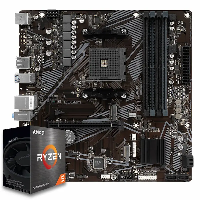 Placa-mãe ASRock B450M Steel Legend com Ryzen 7 e dois módulos de memória DDR4.