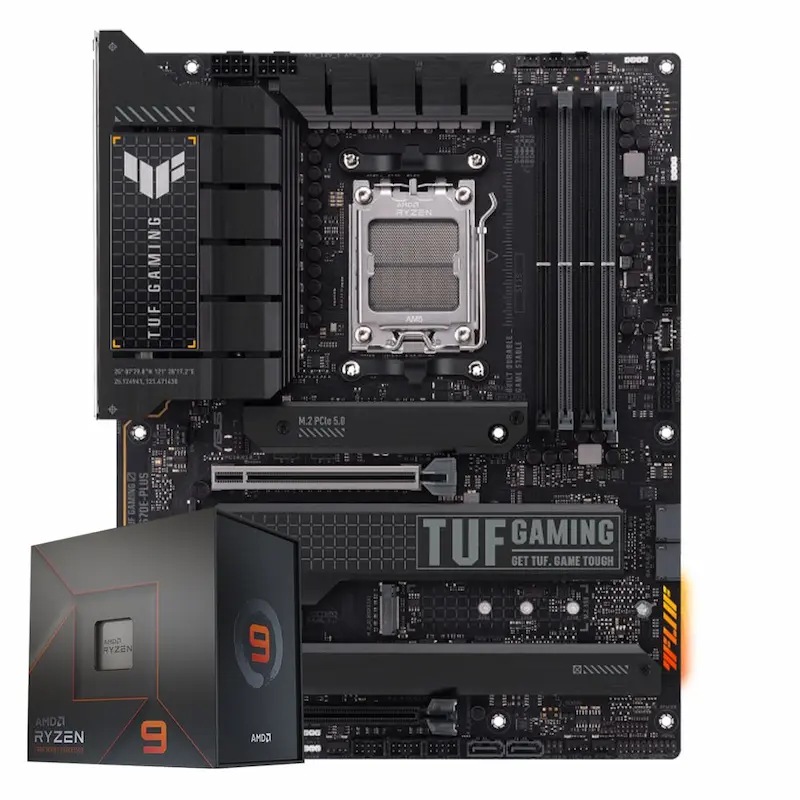 Placa-mãe ASUS TUF Gaming AM5 ao lado da caixa do processador AMD Ryzen 9.