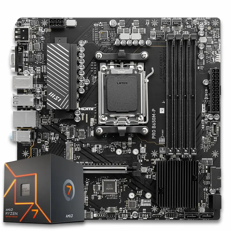 Placa-mãe MSI PRO B650M-P com soquete AM5 ao lado da caixa do AMD Ryzen 7.