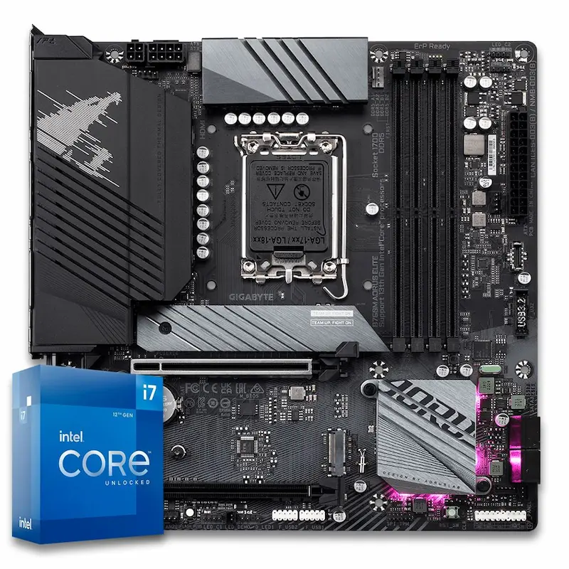 Placa-mãe Gigabyte LGA1700 ao lado da caixa do processador Intel Core i7.