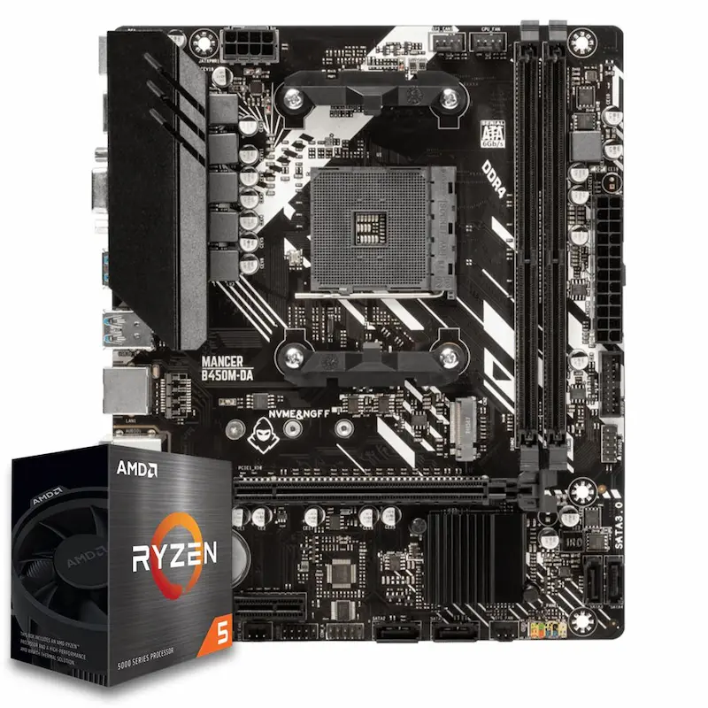 Placa-mãe Mancer B450M-DA ao lado da caixa do processador AMD Ryzen 5.