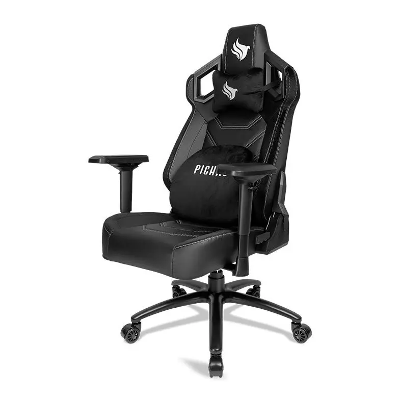 Cadeira gamer preta bem estruturada, com pequenos detalhes brancos.