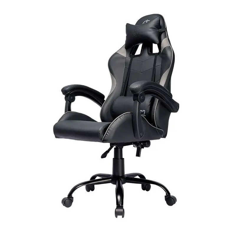 Cadeira gamer preta com detalhes cinza.