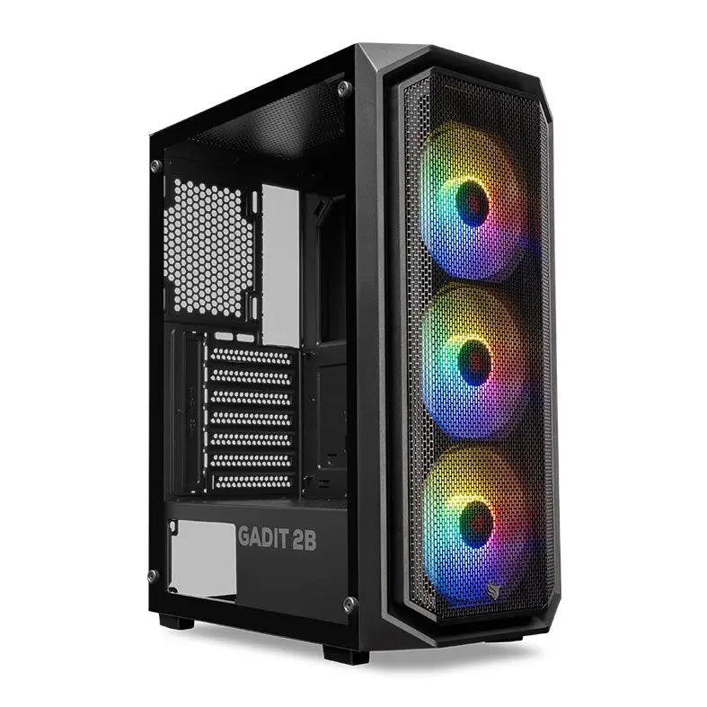 Gabinete gamer preto com lateral em vidro e iluminação RGB.