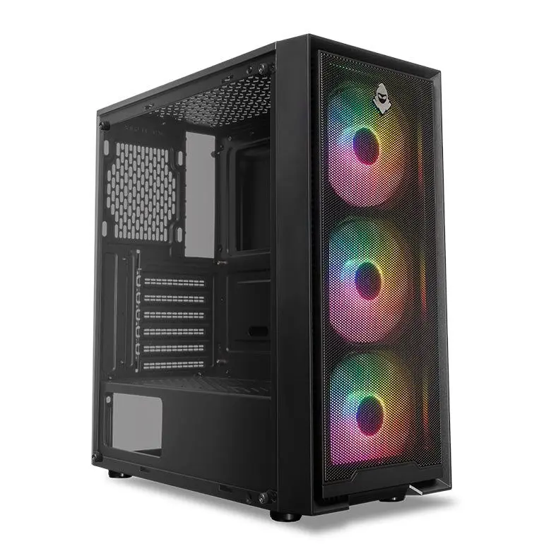 Gabinete pichau com luzes RGB e lateral em vidro.