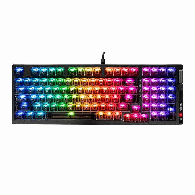 Teclado mecânico preto com teclas iluminadas por RGB.