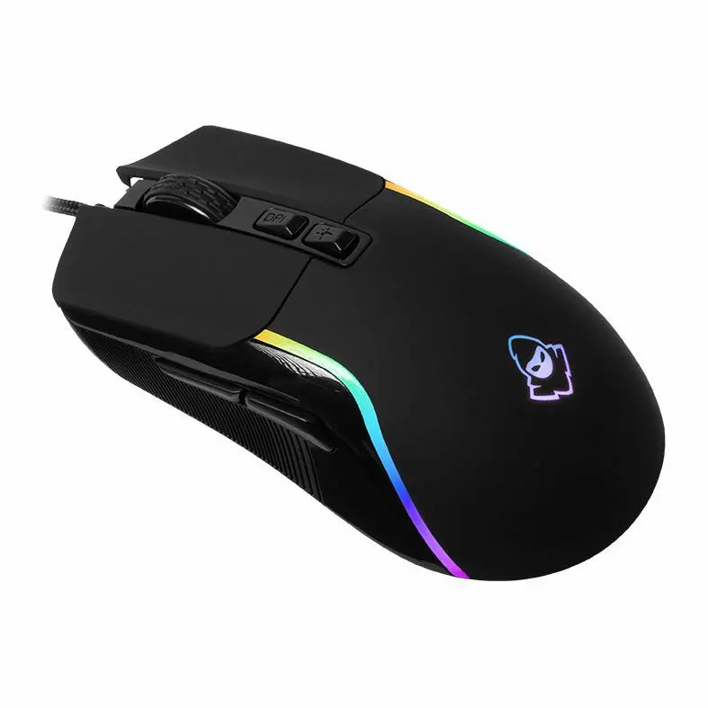 Mouse gamer preto por fio com detalhes brilhantes na lateral.