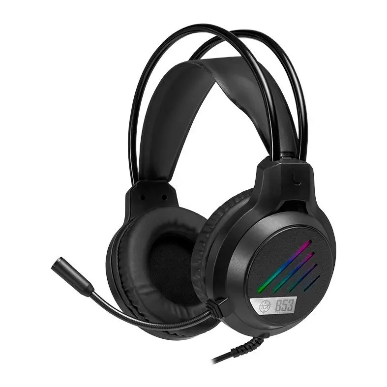 Fone de ouvido Headset gamer preto com microfone e pequeno destaque para luzes.