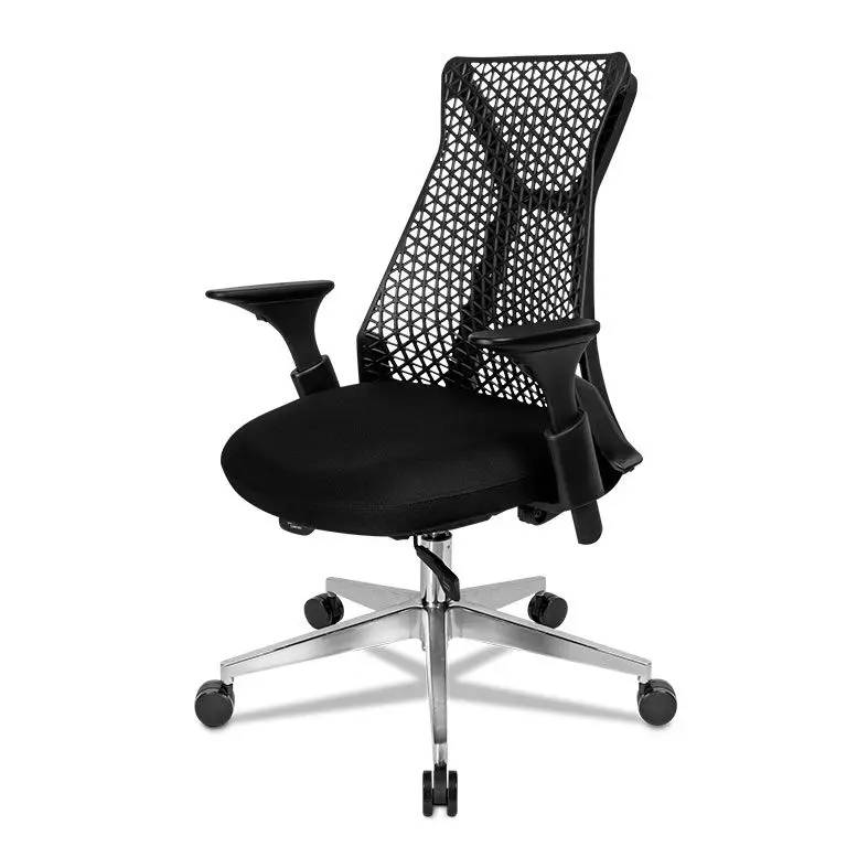 Cadeira gamer preta bem estruturada em fundo branco.
