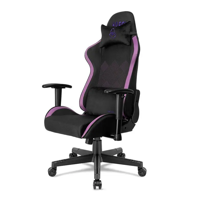 Cadeira gamer preta com detalhes laterais em lilás.