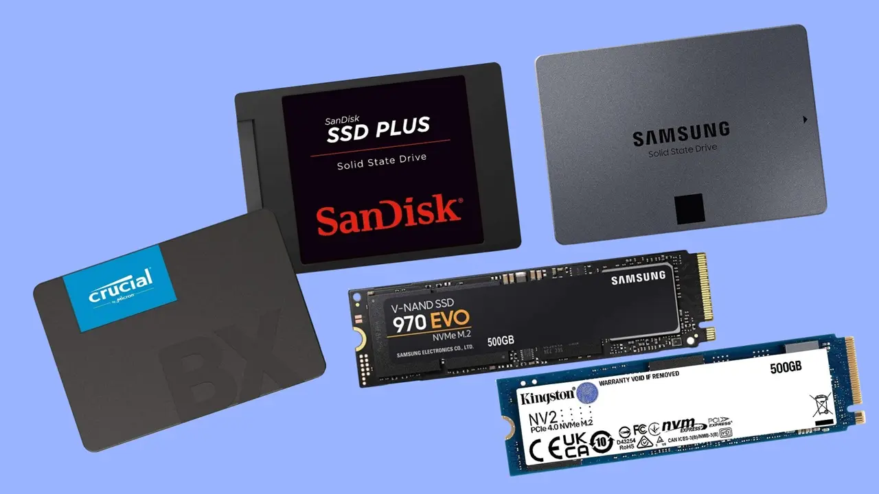 Diversos modelos de SSDs de diferentes marcas, incluindo SanDisk, Samsung, Crucial e Kingston