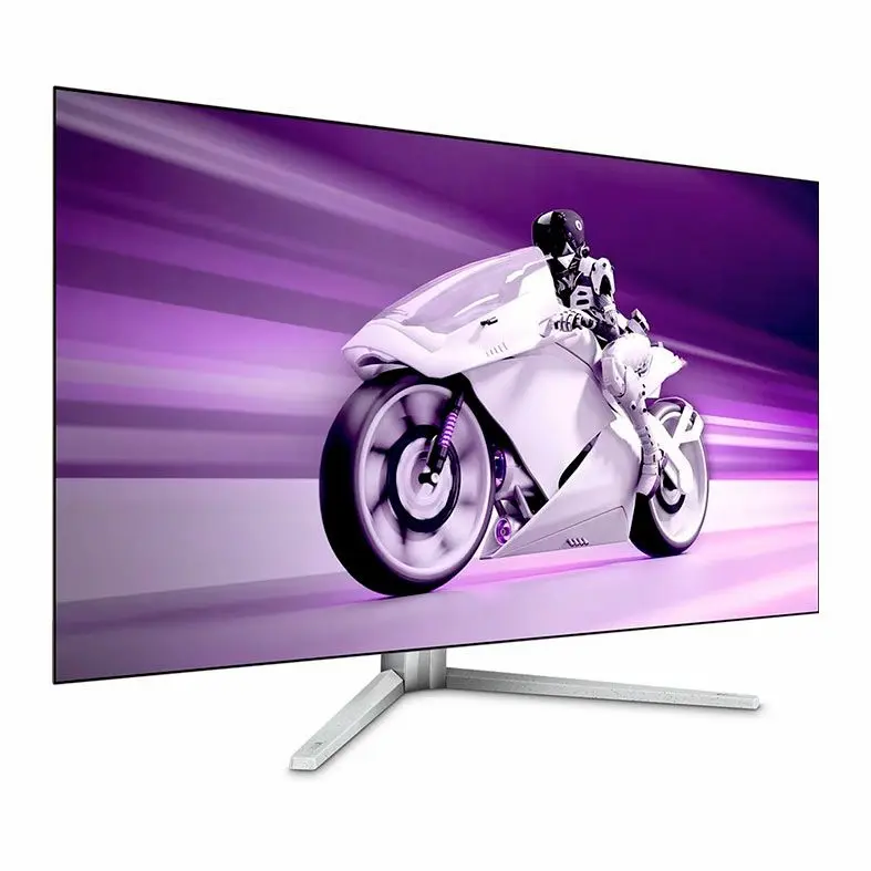 Monitor exibindo imagem de uma motocicleta futurista com piloto em movimento sobre fundo roxo e branco, destacando velocidade e design moderno.