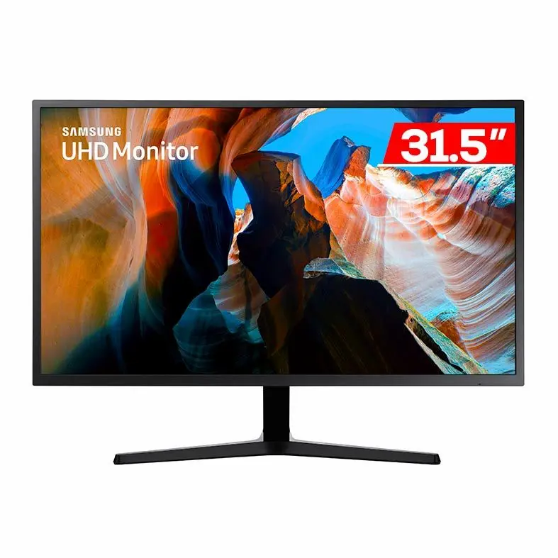 Monitor Samsung UHD de 31,5 polegadas exibindo imagem colorida de um cânion com tons alaranjados e azulados.
