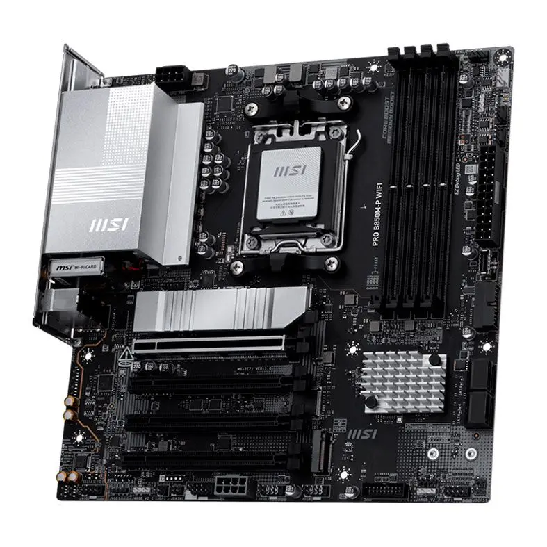 Placa-mãe MSI PRO B660M-A WiFi em close-up, exibindo o soquete do processador, slots de memória RAM e conectores de expansão.