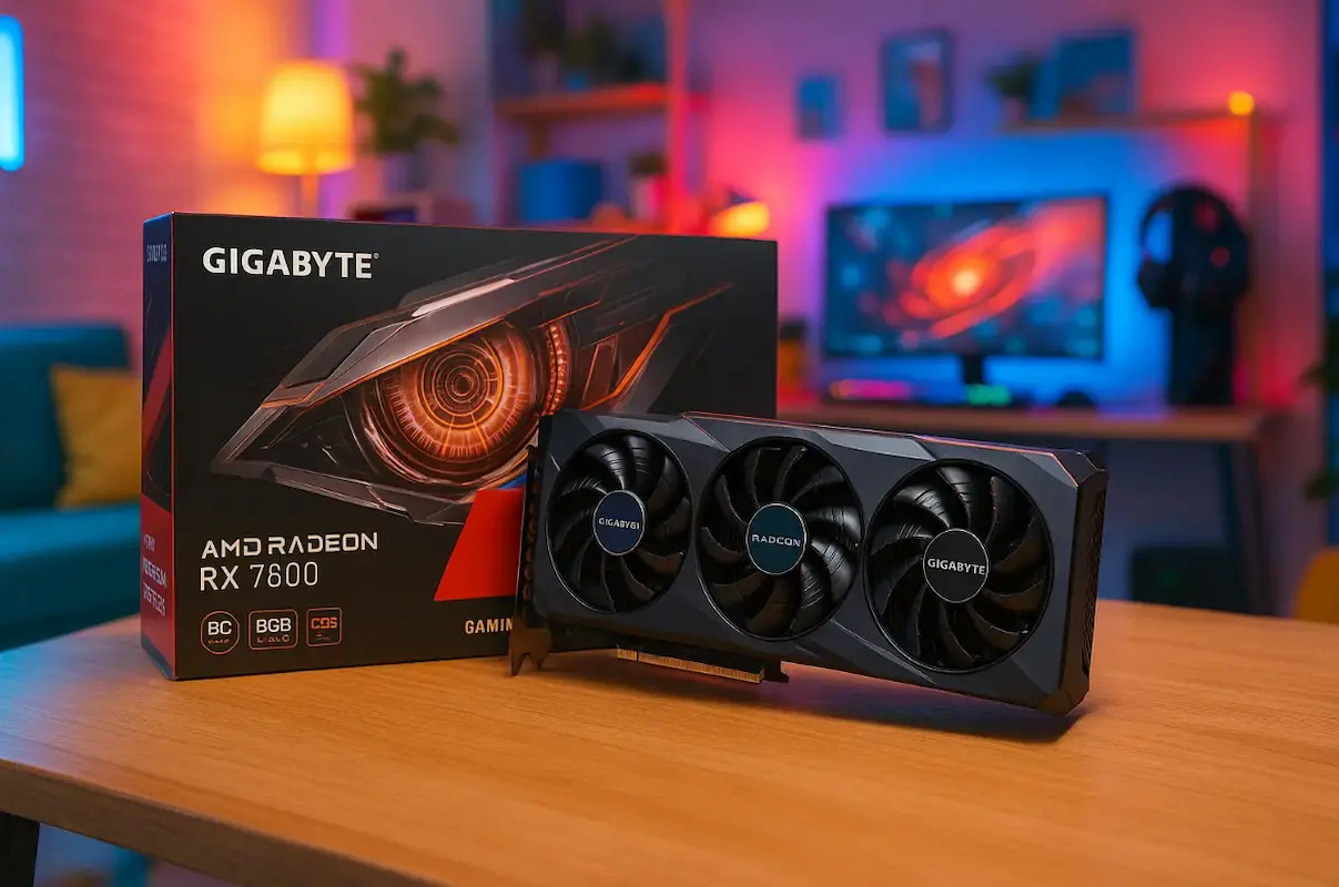 Placa de vídeo Gigabyte Radeon RX 7600 Gaming OC 8G sob mesa de madeira e setup no fundo.