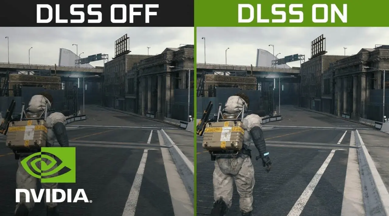 Comparativo de NVIDIA DLSS DESLIGADO (esquerda) e LIGADO (direita) enquanto um personagem corre no jogo.