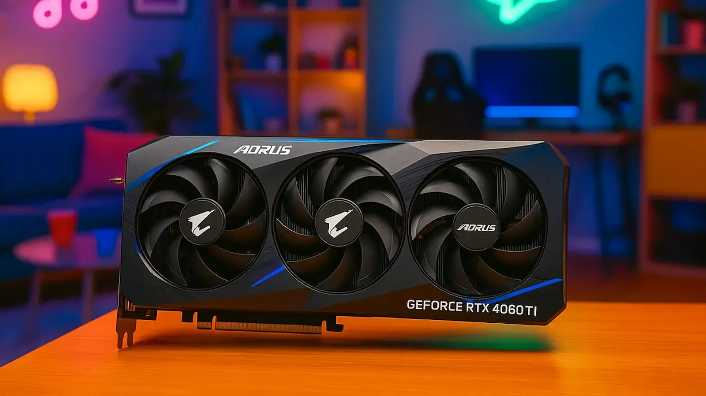 Placa de vídeo Gigabyte AORUS GeForce RTX 4060 Ti ELITE 8G sob mesa de madeira e setup gamer no fundo.