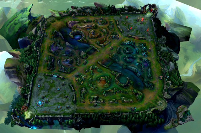 Mapa de Summoner's Rift com jungle, rotas do meio, top e bot. Além da base vermelha e azul de cada time.