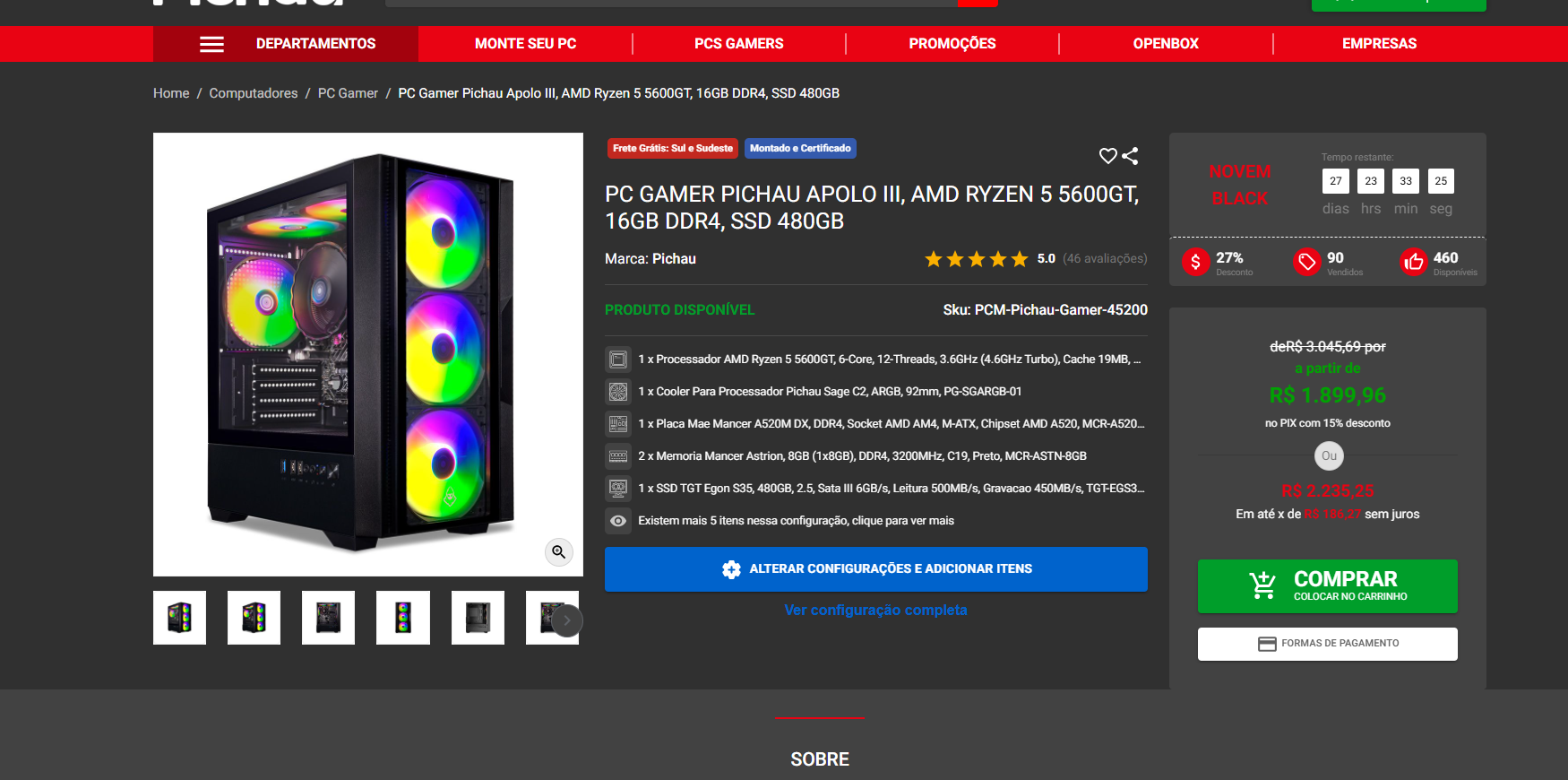 3 PCs gamers promoção na Novemblack Pichau 2 PC Gamer