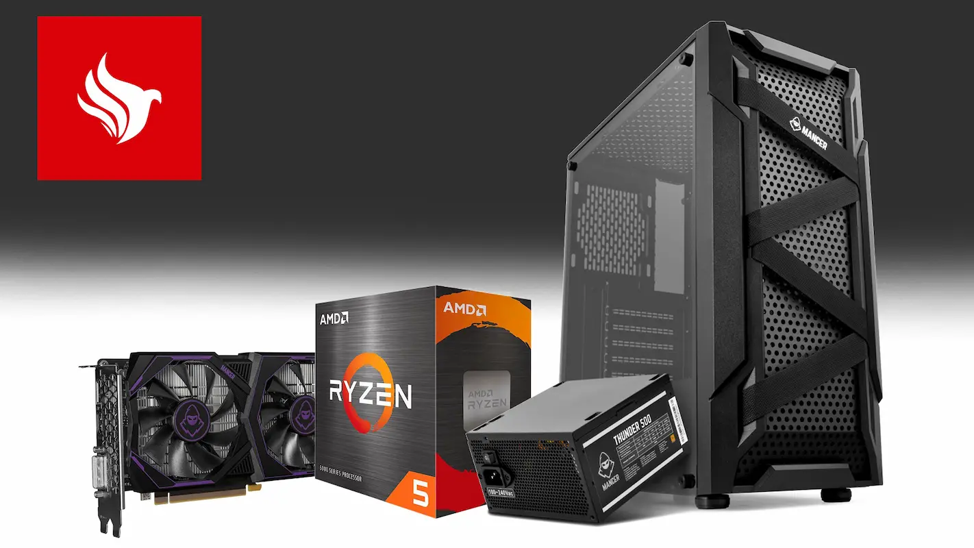 Gabinete gamer ao lado de processador, fonte e coolers.