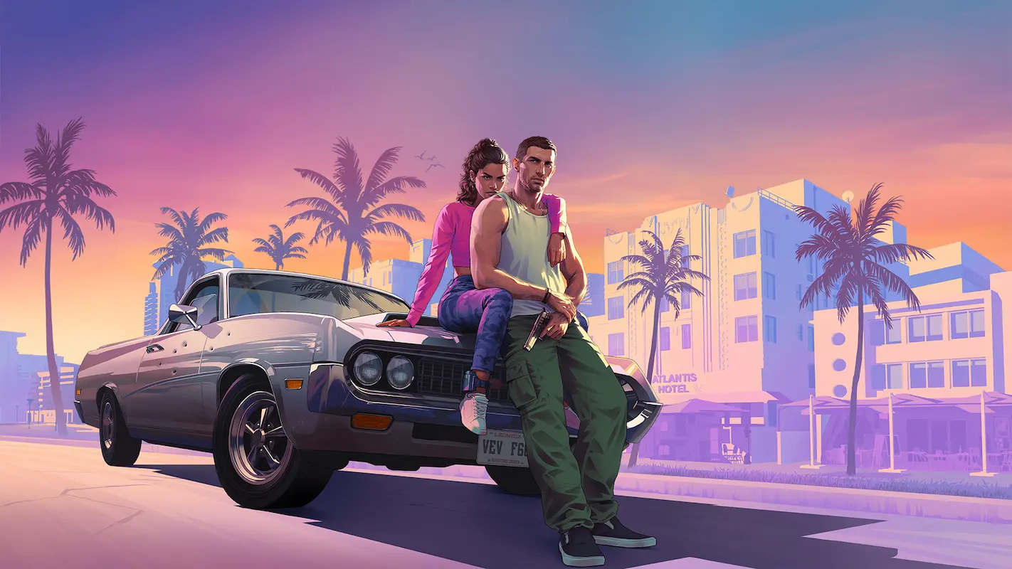 Dupla de personagens sentados no capô de um carro em GTA 6.