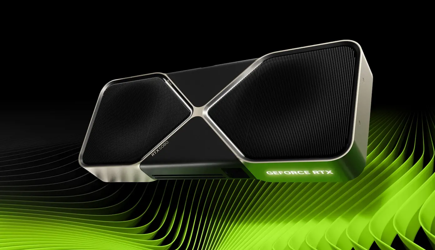 Placa RTX 5080 com detalhes geométricos e fundo verde neon.