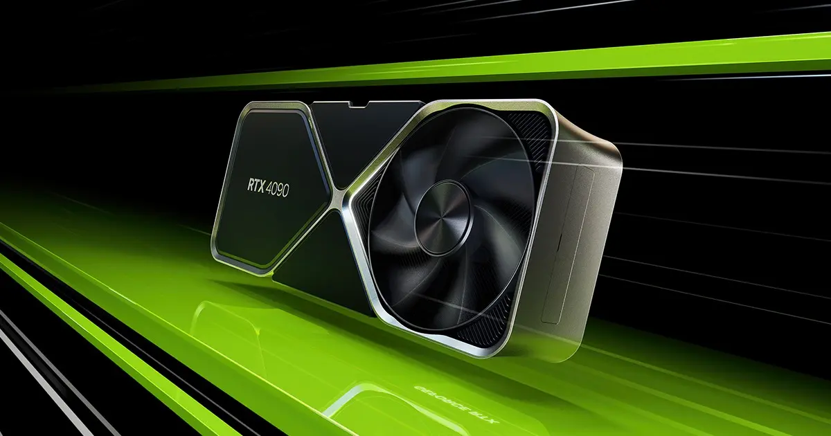Imagem de uma RTX 4090 Nvidia com feixes de luz verde neon a atravessando.