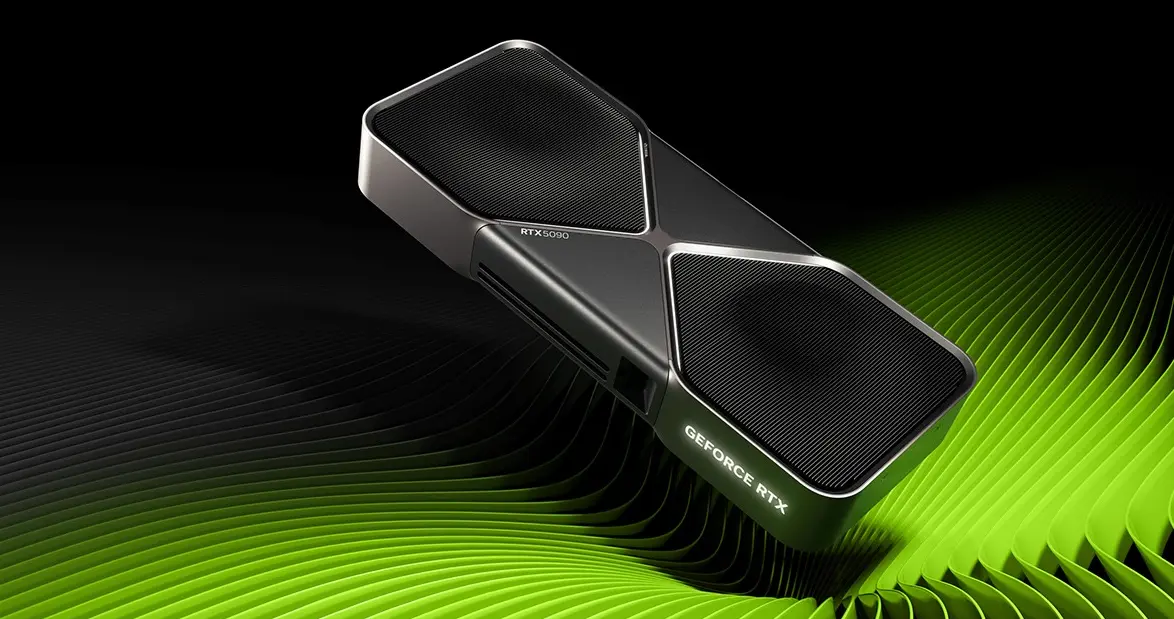 Placa RTX 5090 preta com formato geométrico nos detalhes e fundo verde neon.