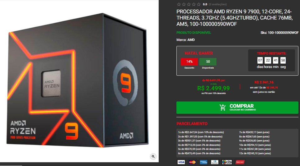 AMD Ryzen 9 7900 à venda na Pichau