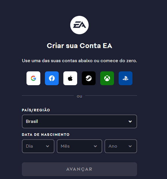 Pagina de criar uma Conta EA