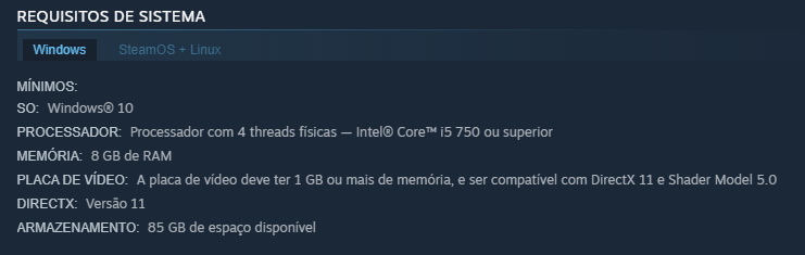 Imagem mostrando os requisitos mínimos para rodar o Counter-Strike 2 no Windows