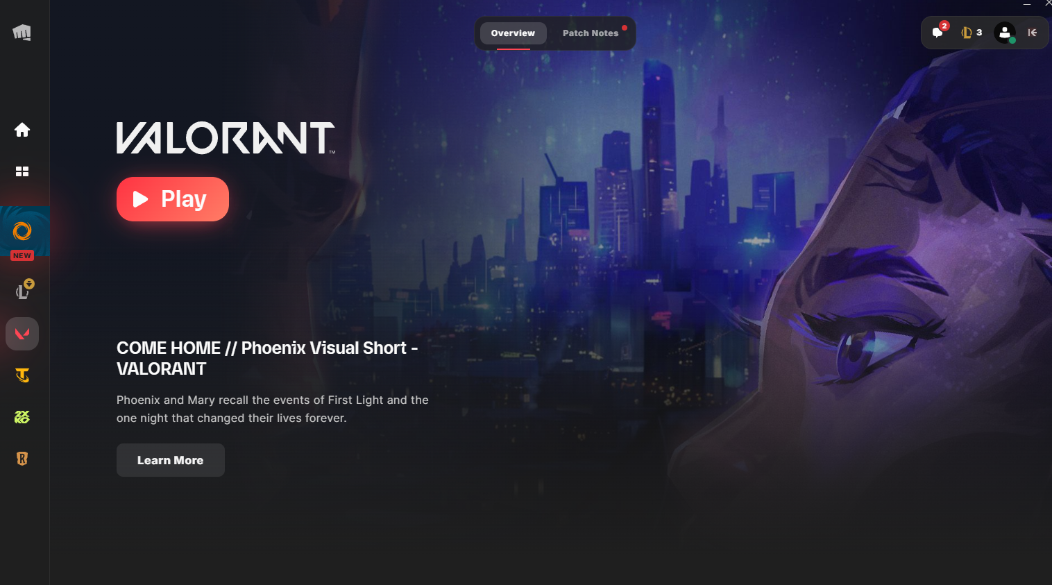 Tela de VALORANT no cliente da Riot Games