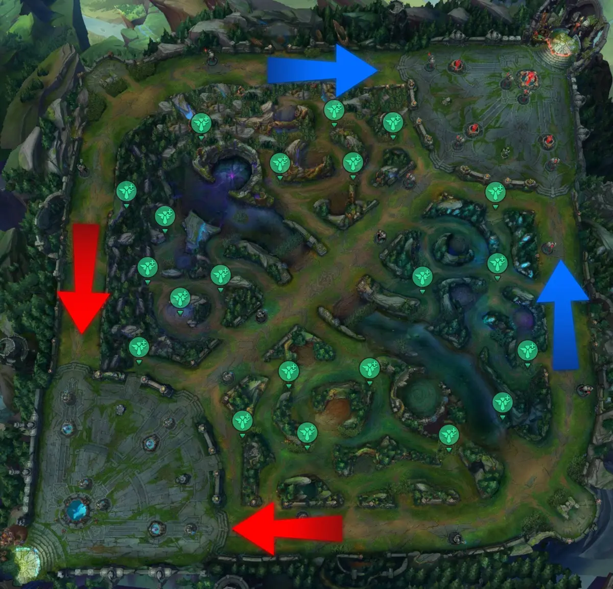 mapa_de_summoner's_rift summoner's rift, mapa do lol, indicado com wards e marcando a roto do topo e inferior