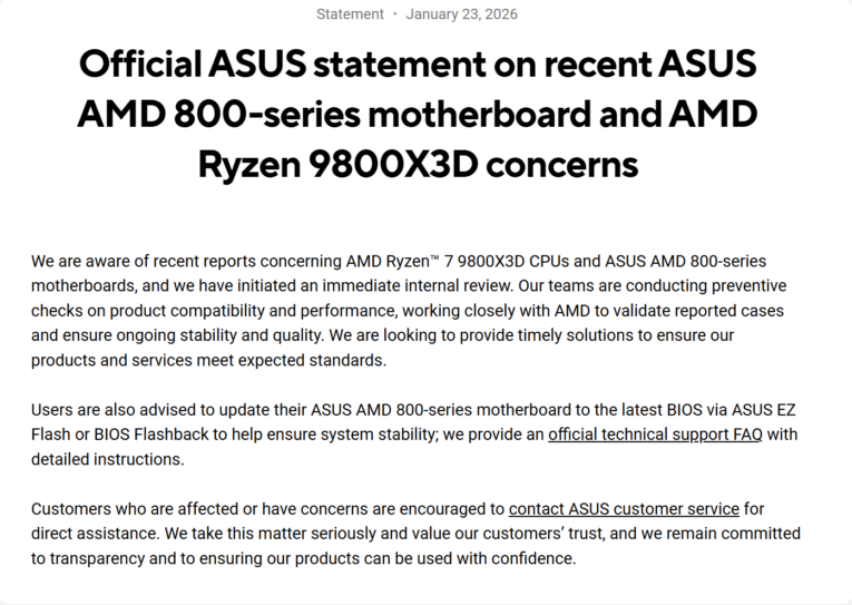 ASUS Inicia Investigação Após Relatos de Falhas no Ryzen 7 9800X3D em Placas-Mãe Série 800 Captura de tela 2026 01 23 115133.png