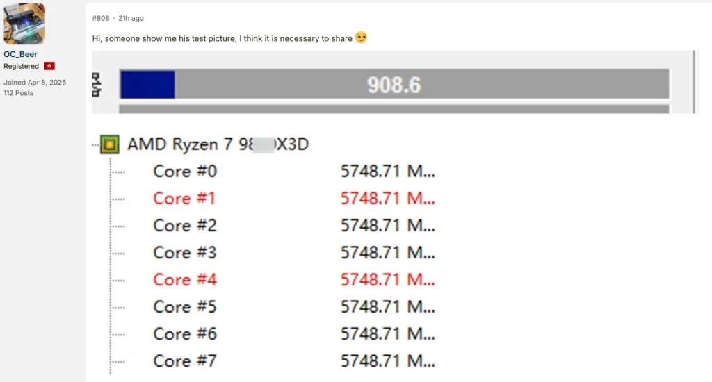 AMD Ryzen 7 9850X3D: Vazamento revela overclock de 5,75 GHz RYZEN 9850X3D OC