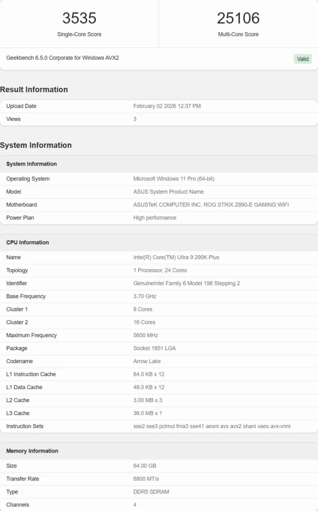 Intel Core Ultra 9 290K Plus Vazou, confira os resultados Intel Core Ultra 9 290K Plus CPU Geekbench Leak