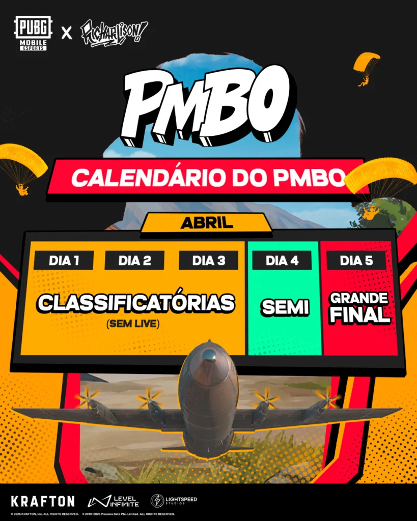Calendário do PMBO, torneio para celebrar a parceria com Richarlison no PUBG Mobile.