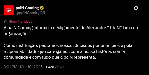 paiN Gaming anunciando o desligamento de Alexandre "TitaN" Lima.