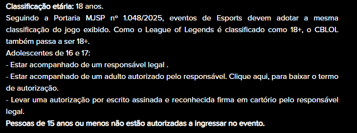 Informações sobre a faixa etária do CBLOL (Cameponato Brasileiro de League of Legends) no site da Eventim.