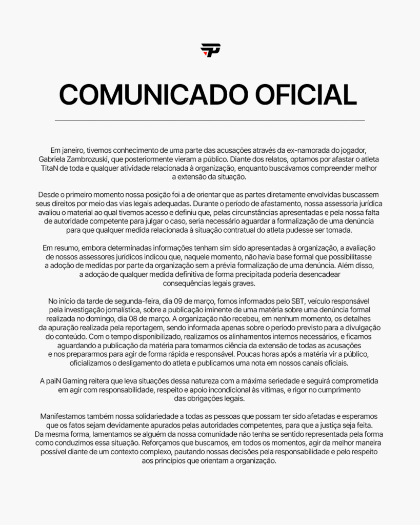 Nota da paiN Gamingo a respeito de Alexandre "TitaN" Lima.