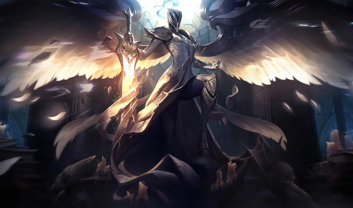 Kayle, campeã do League of Legends (LoL). Skin rara Kayle Prateada.