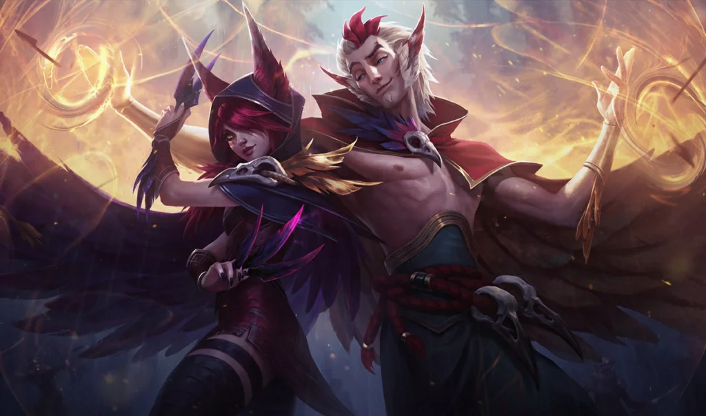 Rakan e Xayah, campeões do League of Legends (LoL).