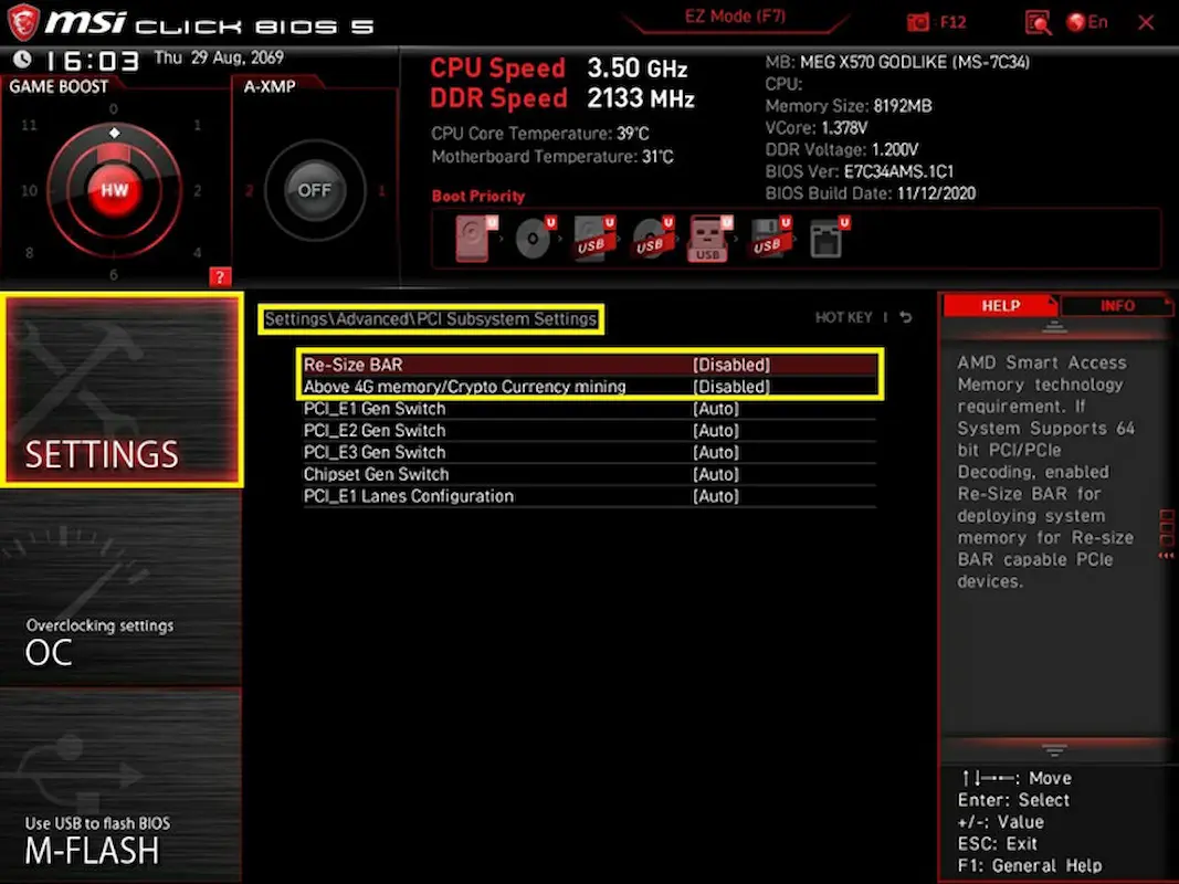 Tela da BIOS MSI com opção Re-Size BAR nas configurações PCIe ativada/desativada.