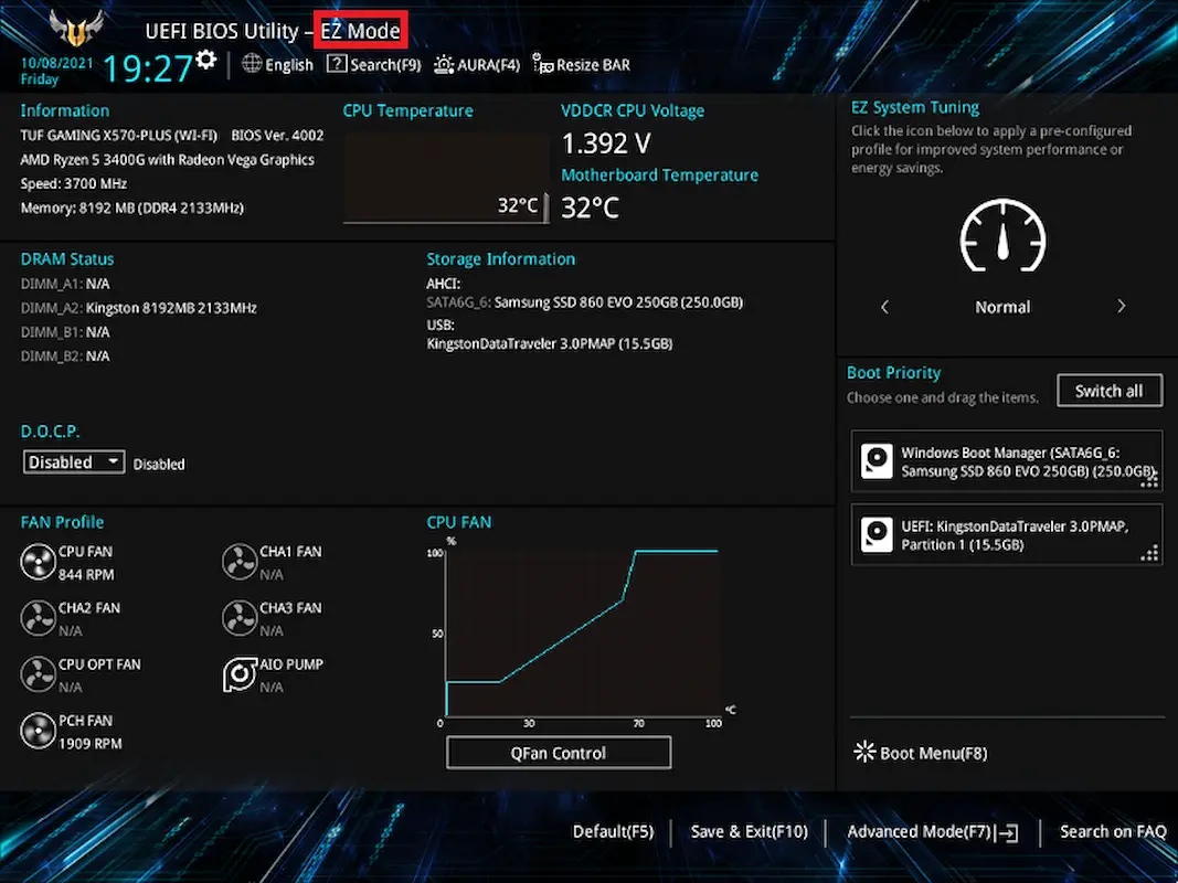 Tela da BIOS UEFI (EZ Mode) com info de CPU, RAM, temperaturas, fans e ordem de boot.