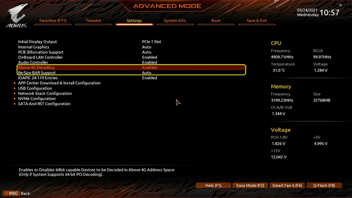 Tela da BIOS AORUS (Advanced Mode) com opção “Above 4G Decoding” ativada e dados de CPU, RAM e voltagem.