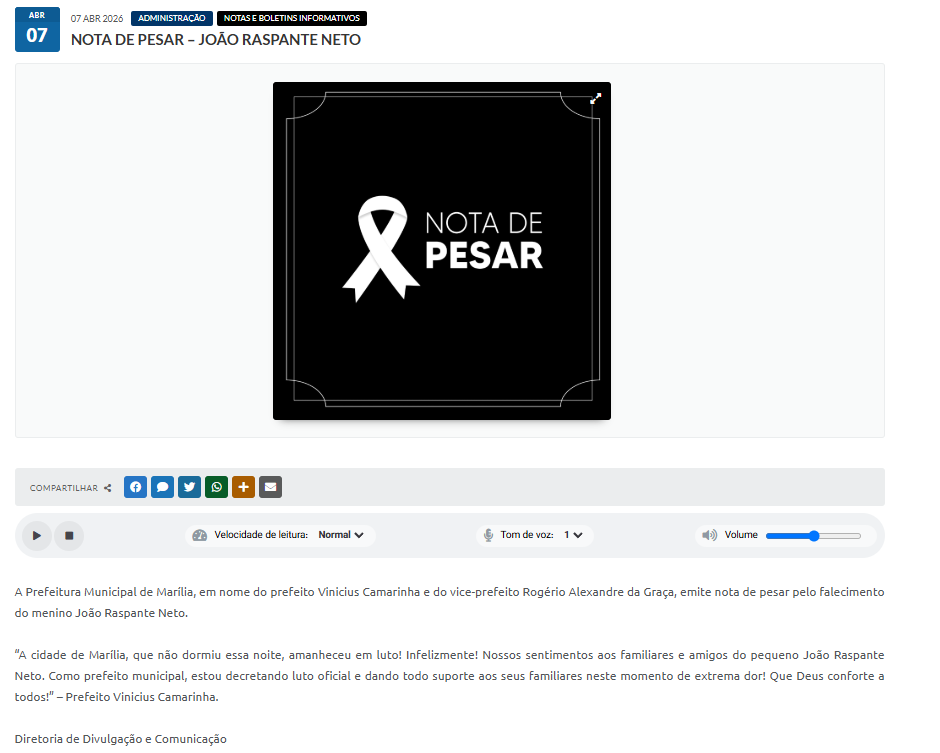 Nota de pesar publicada no site da prefeitura de Marília a respeito do falecimento de João Raspante Neto, irmão de Gustavo "Sacy" Rossi.
